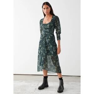 & Other Stories Gathered Square Neck Green Floral Midi Dress